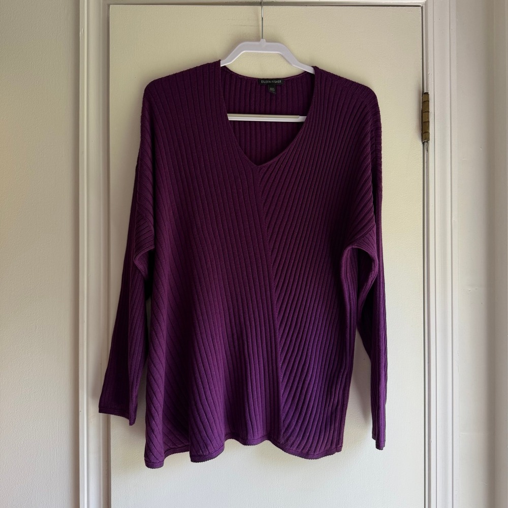 Eileen Fisher Plum Purple Tencel Silk Organic Cotton Ribbed V-Neck Sweater L